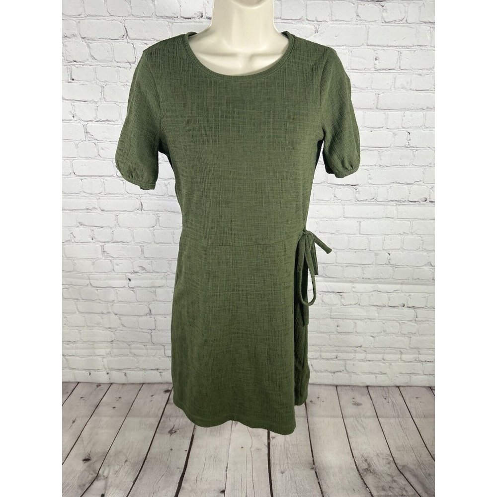 Madewell Women's Green Crosshatch Short Sleeve Knee Length Faux Wrap Dress XS